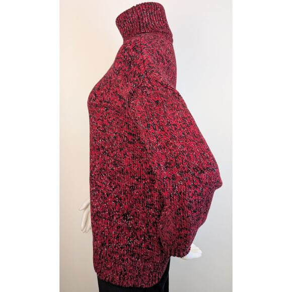 Michael Kors Turtleneck Sweater Small Marled Red Black Silver Metallic Holiday - Picture 3 of 8